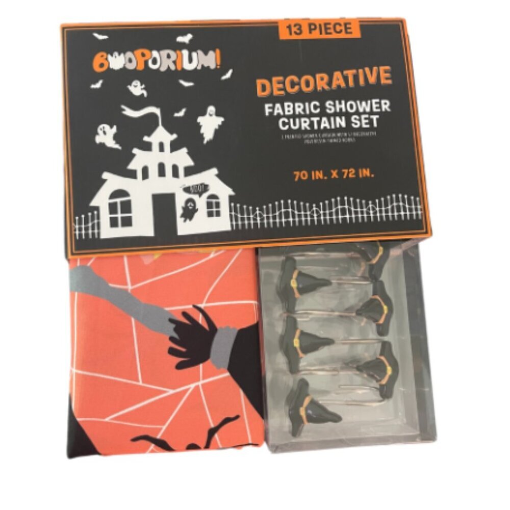 BOOPORIUM Halloween Fabric Shower Curtain Set 70x72 + 12 Hooks | 13-Piece